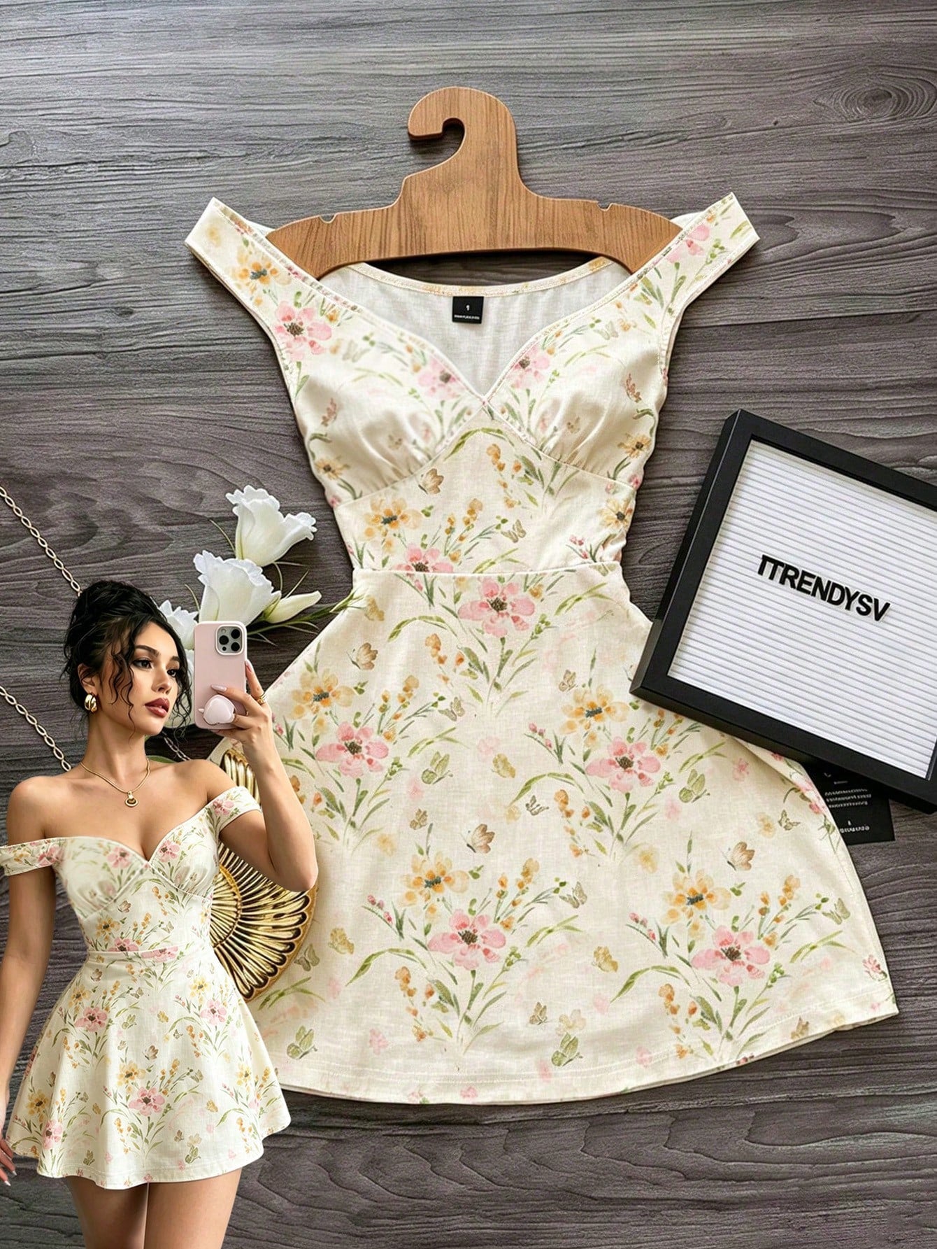GlowEve Women's V-Neck One-Shoulder Vintage Elegant Pleated A-Line Dress,Pale Yellow Floral Print Cottage Core Summer Picnic Beach Vacation Cruise Outfit