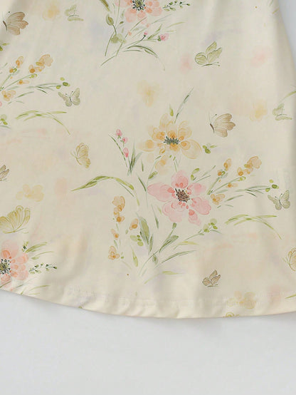 GlowEve Women's V-Neck One-Shoulder Vintage Elegant Pleated A-Line Dress,Pale Yellow Floral Print Cottage Core Summer Picnic Beach Vacation Cruise Outfit
