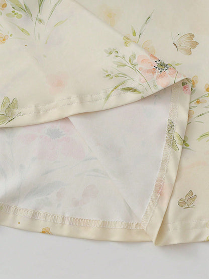 GlowEve Women's V-Neck One-Shoulder Vintage Elegant Pleated A-Line Dress,Pale Yellow Floral Print Cottage Core Summer Picnic Beach Vacation Cruise Outfit