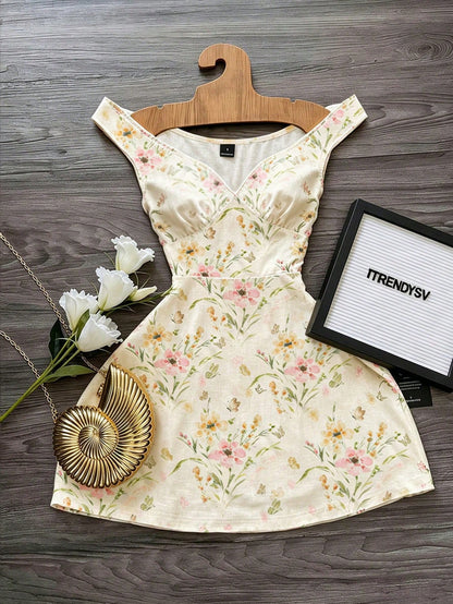 GlowEve Women's V-Neck One-Shoulder Vintage Elegant Pleated A-Line Dress,Pale Yellow Floral Print Cottage Core Summer Picnic Beach Vacation Cruise Outfit