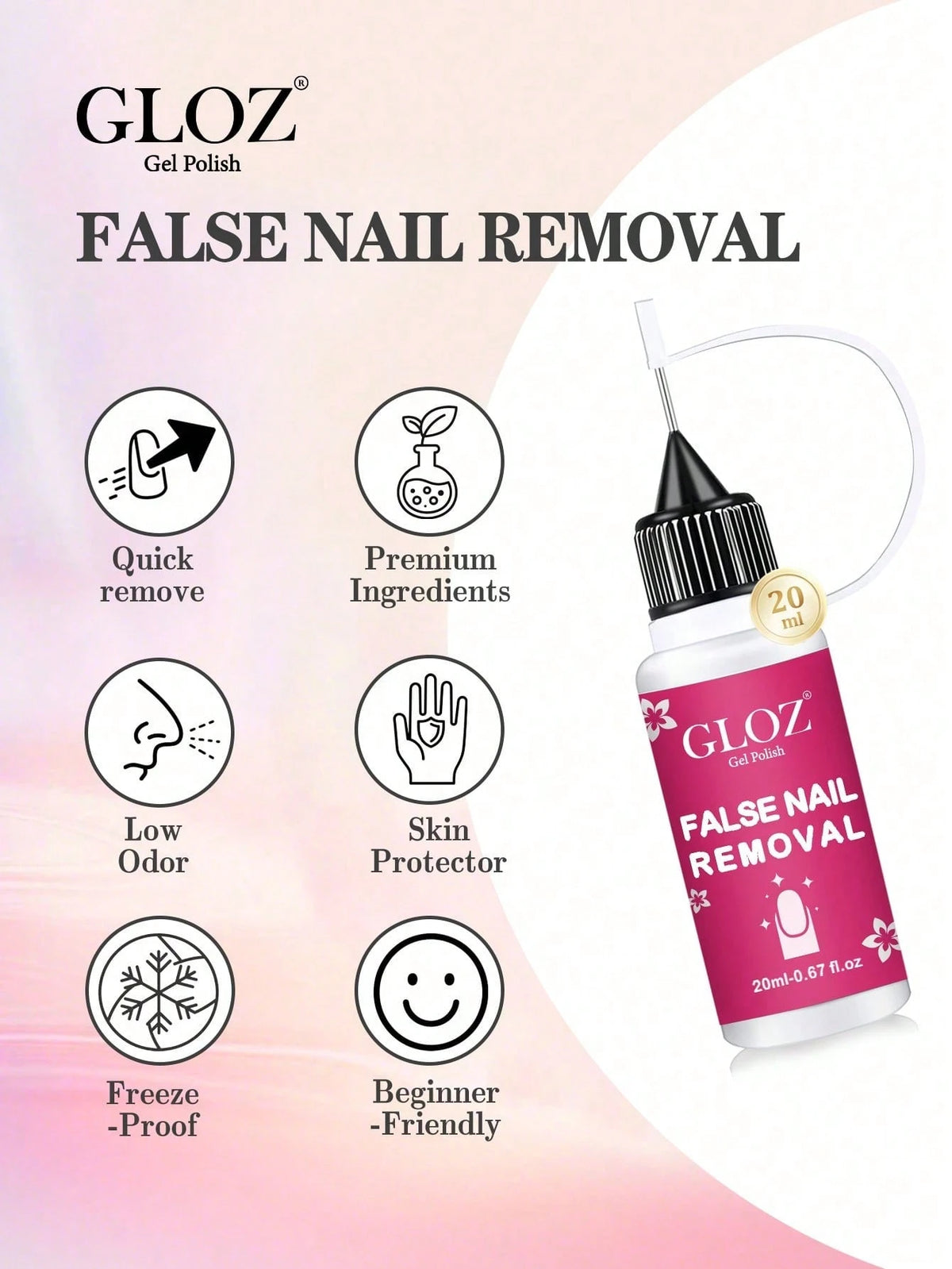 GLOZ 20ml Precise Nail Polish Remover, Suitable For Press-On Nails, Multi-Purpose Nail Polish Remover, Gentle Removal Of Gel Manicure, Non-Acetone Nail Polish Remover