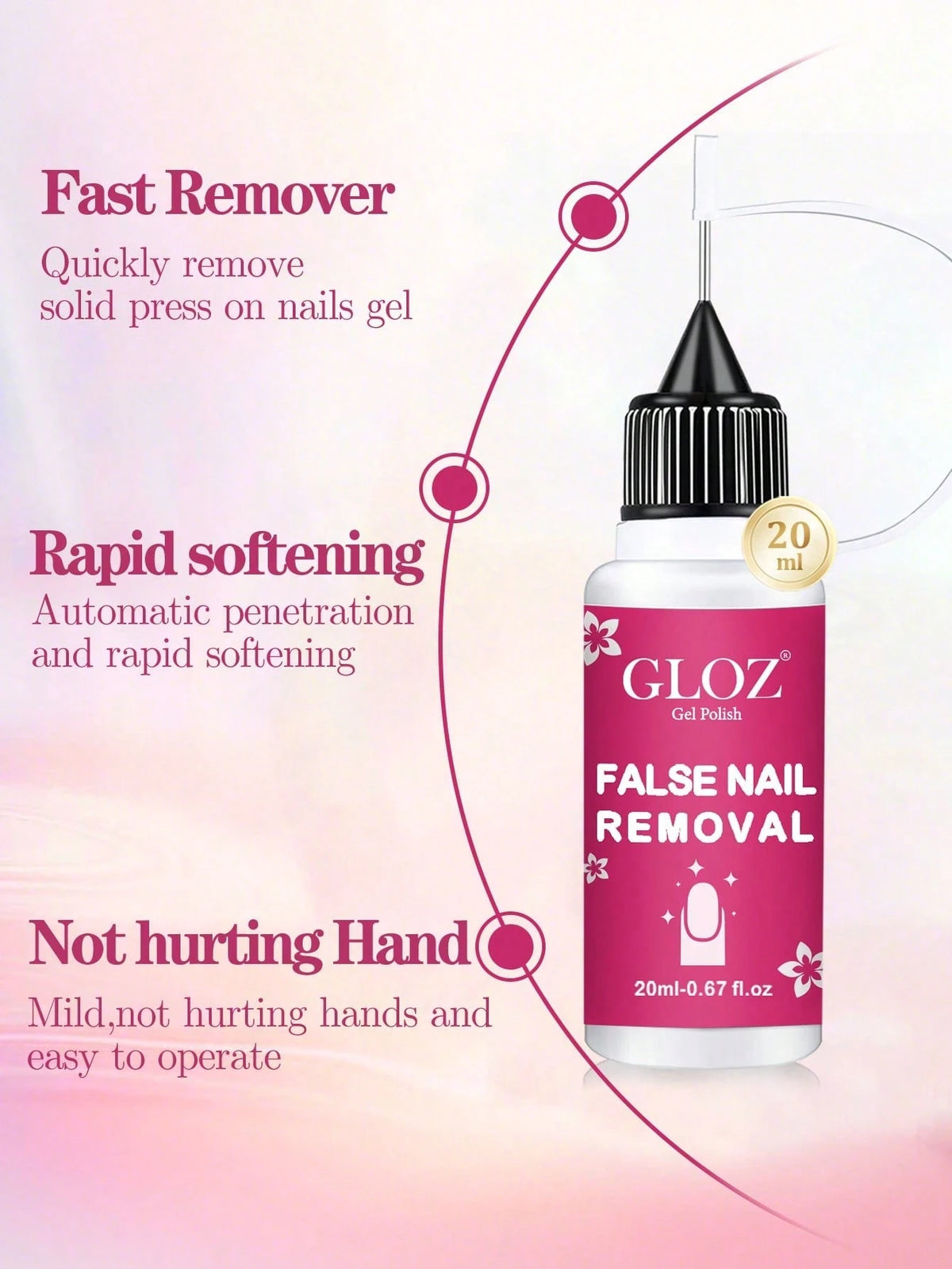 GLOZ 20ml Precise Nail Polish Remover, Suitable For Press-On Nails, Multi-Purpose Nail Polish Remover, Gentle Removal Of Gel Manicure, Non-Acetone Nail Polish Remover