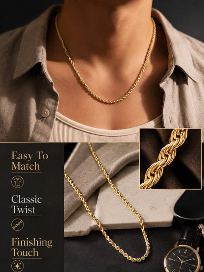 Gold-Tone Twisted Rope Chain Necklace, Braided Statement Chain, Elegant Women Fashion Jewelry Daily Wear, Party, Office Look, Style