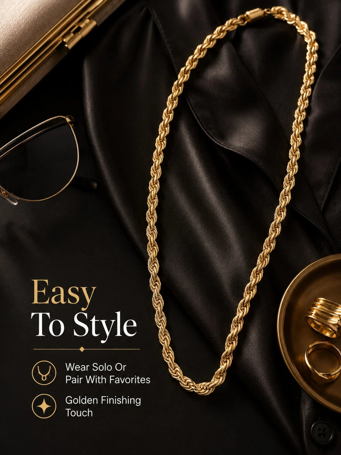 Gold-Tone Twisted Rope Chain Necklace, Braided Statement Chain, Elegant Women Fashion Jewelry Daily Wear, Party, Office Look, Style