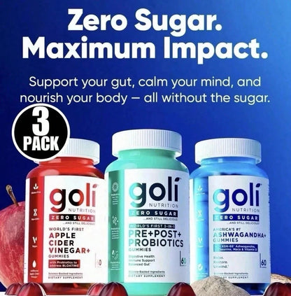 Goli Nutrition 3 Bottles Goli Zero Sugar Best Seller Trio Set Gummies, 60 Counts Per Bottle