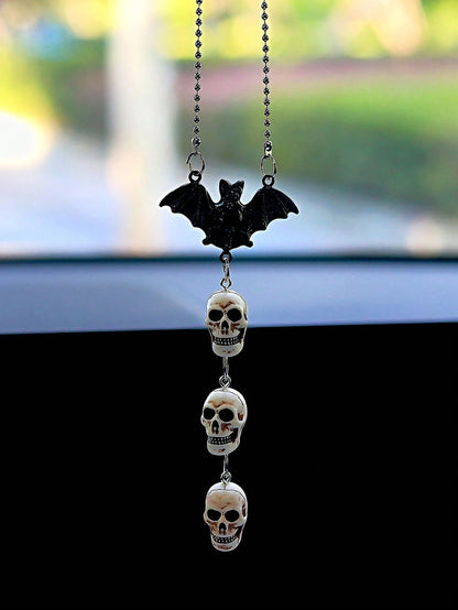 Gothic Halloween Car Interior Decor Bat & Skull Chain Hanging Ornament For Rearview Mirror & Halloween Party Decor