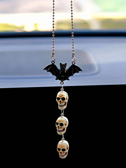 Gothic Halloween Car Interior Decor Bat & Skull Chain Hanging Ornament For Rearview Mirror & Halloween Party Decor