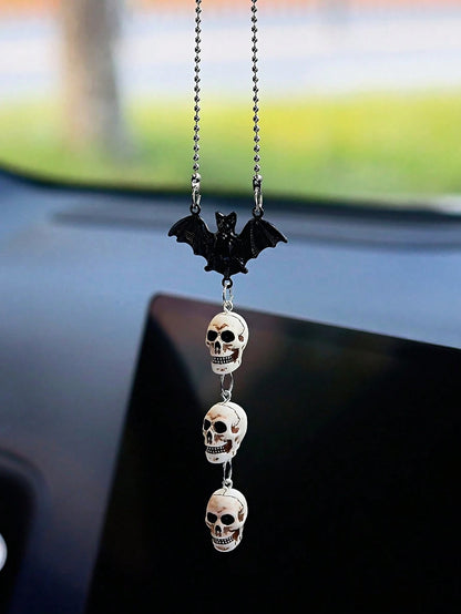 Gothic Halloween Car Interior Decor Bat & Skull Chain Hanging Ornament For Rearview Mirror & Halloween Party Decor