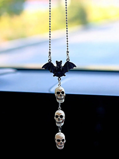 Gothic Halloween Car Interior Decor Bat & Skull Chain Hanging Ornament For Rearview Mirror & Halloween Party Decor