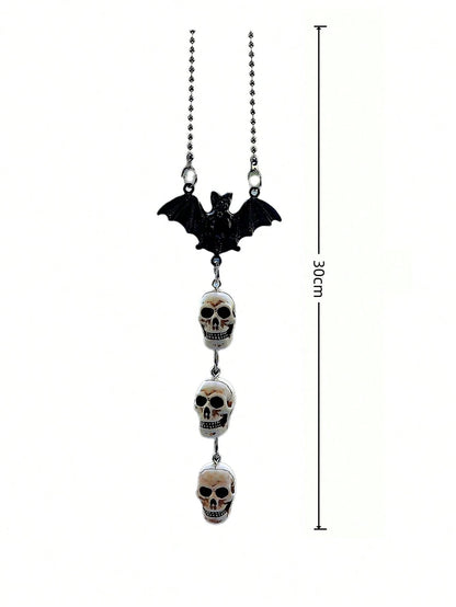 Gothic Halloween Car Interior Decor Bat & Skull Chain Hanging Ornament For Rearview Mirror & Halloween Party Decor