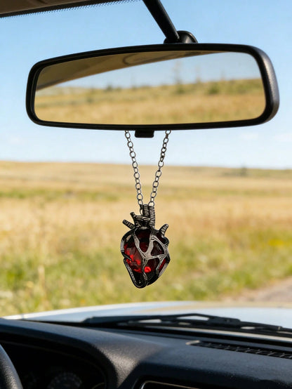Gothic Style Heart-Shaped Car Pendant With Red & Blue Glass Core- Couple Necklace Charm, Romantic Valentine's Day Gift, Can Be Used As Rearview Mirror Decor And Fashion Accessory
