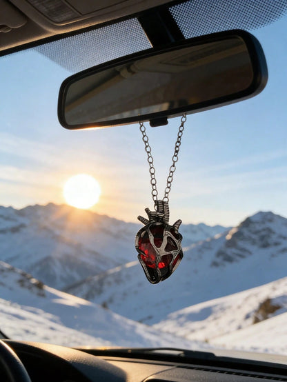 Gothic Style Heart-Shaped Car Pendant With Red & Blue Glass Core- Couple Necklace Charm, Romantic Valentine's Day Gift, Can Be Used As Rearview Mirror Decor And Fashion Accessory