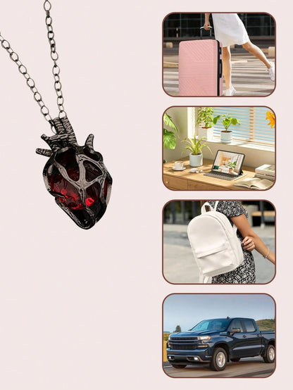 Gothic Style Heart-Shaped Car Pendant With Red & Blue Glass Core- Couple Necklace Charm, Romantic Valentine's Day Gift, Can Be Used As Rearview Mirror Decor And Fashion Accessory