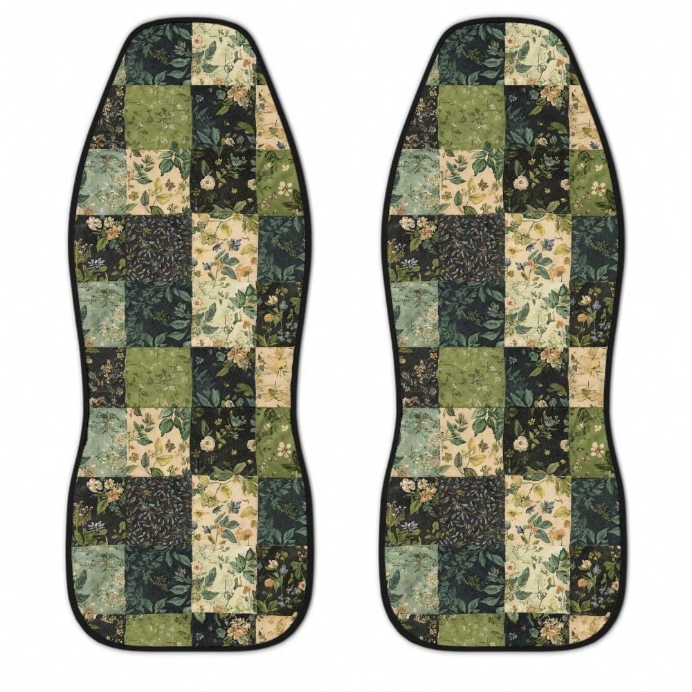 Green Boho Patchwork Car Seat Covers 1PC/2Pcs Double-Sided Brushed Milk Silk Quilted Floral Black Beige Auto Protection