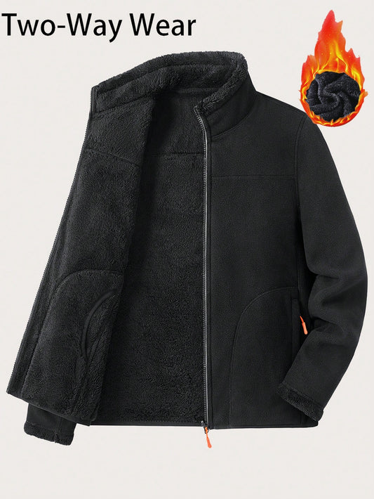 GRIM PANDA Women's Reversible Fleece Jacket, Double-Sided Soft Shell Coat With Zipper Pockets, Stand Collar Polar Fleece Sports, Athleisure