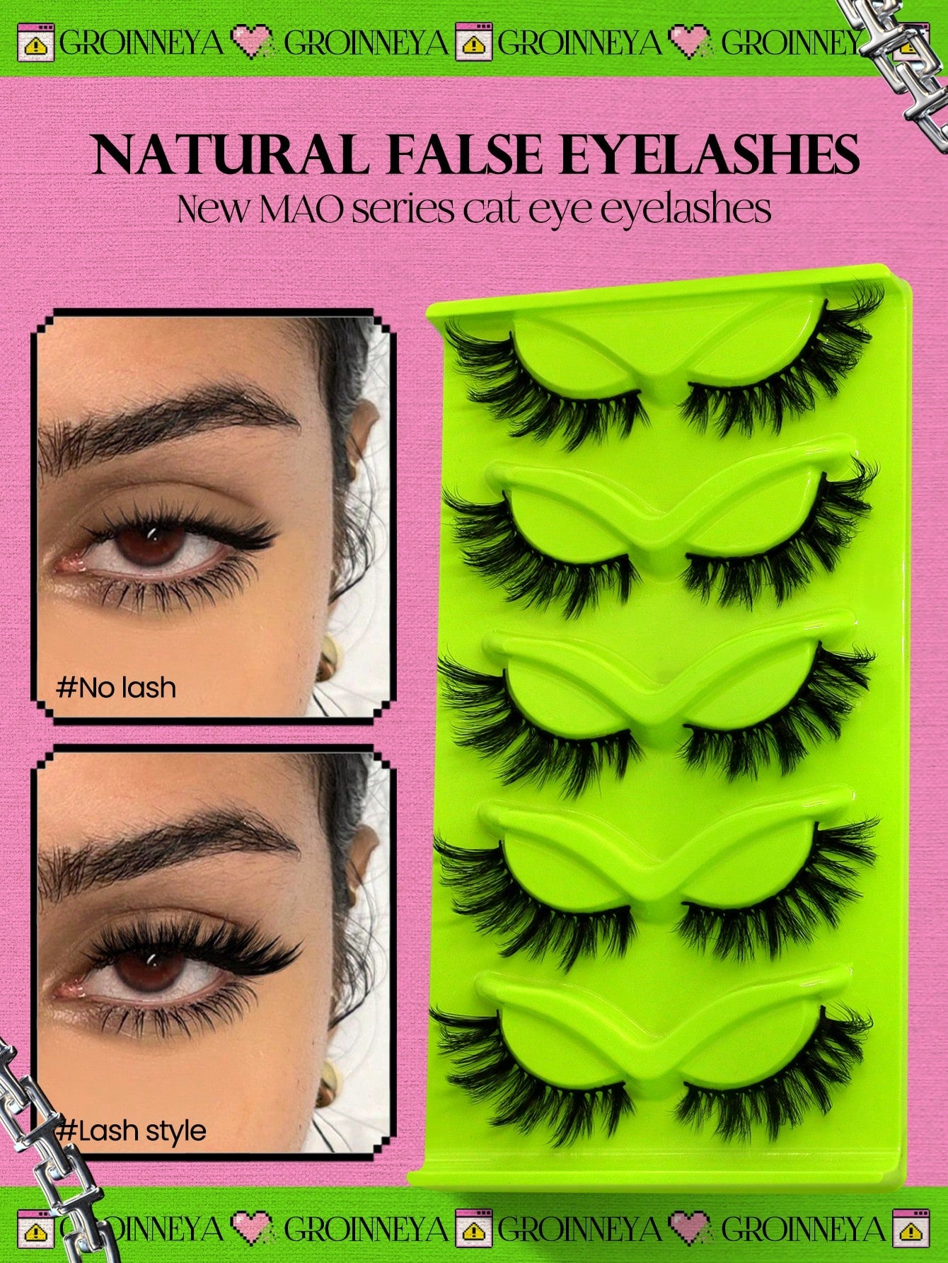 GROINNEYA Cat Eye Lashes 5 Pairs Faux Mink Eyelashes Fox Eye Lashes Winged Lashes Natural Look Wispy Mink Eyelashes Full Strip Lashes Makeup(3DMAO-09)