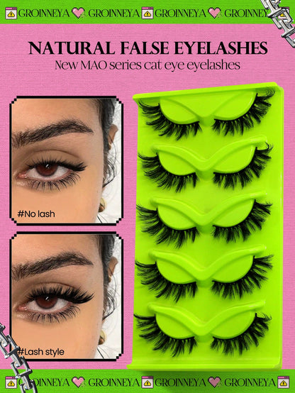 GROINNEYA Cat Eye Lashes 5 Pairs Faux Mink Eyelashes Fox Eye Lashes Winged Lashes Natural Look Wispy Mink Eyelashes Full Strip Lashes Makeup(3DMAO-09)