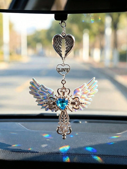 Guardian Angel Wing Cross Car Rear View Mirror Hanging Charm With Blue Crystal Heart & Love Decorative Pendant For Car Home Bag Bring Blessing & Protection On Every Drive Gift For Friends & Family