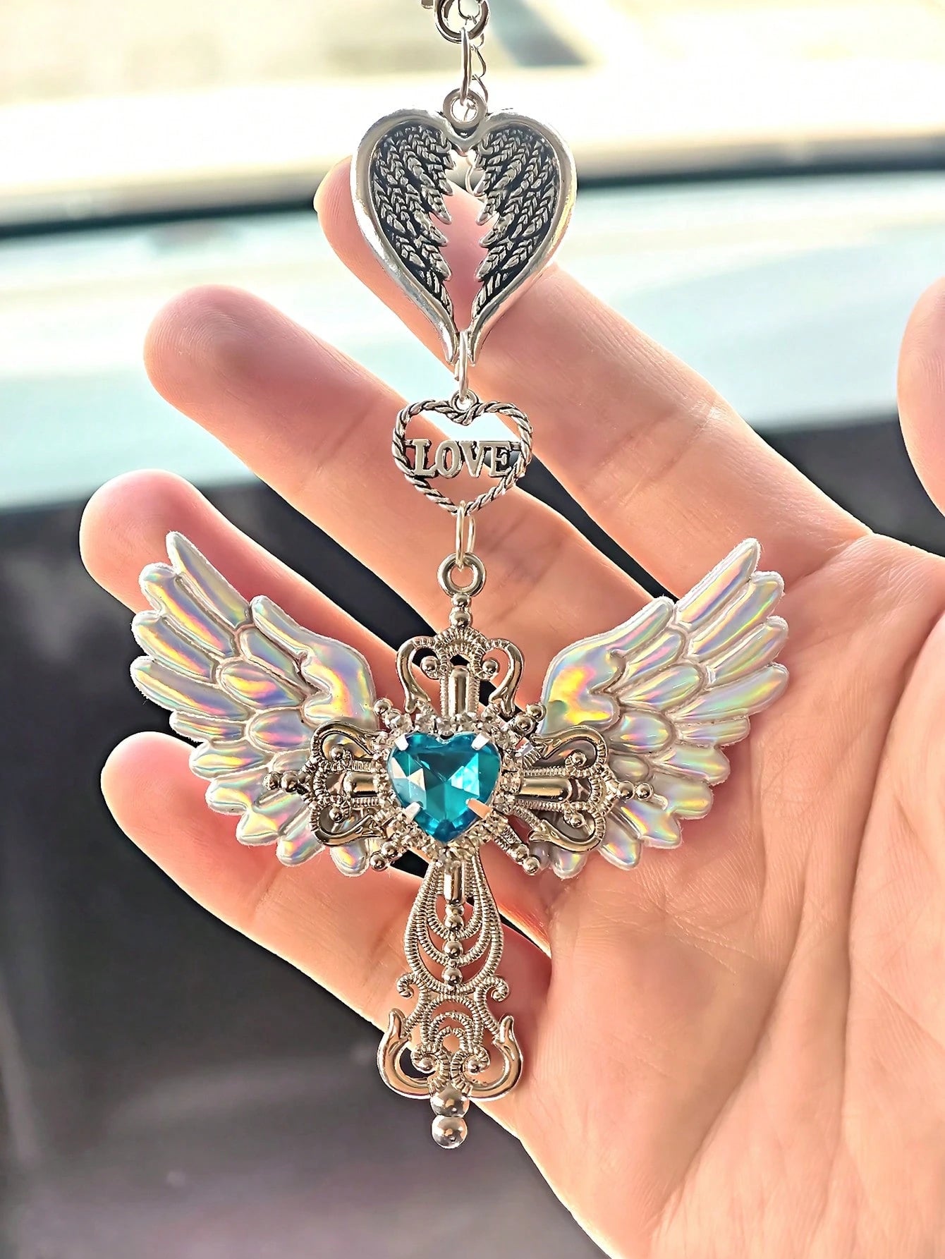 Guardian Angel Wing Cross Car Rear View Mirror Hanging Charm With Blue Crystal Heart & Love Decorative Pendant For Car Home Bag Bring Blessing & Protection On Every Drive Gift For Friends & Family