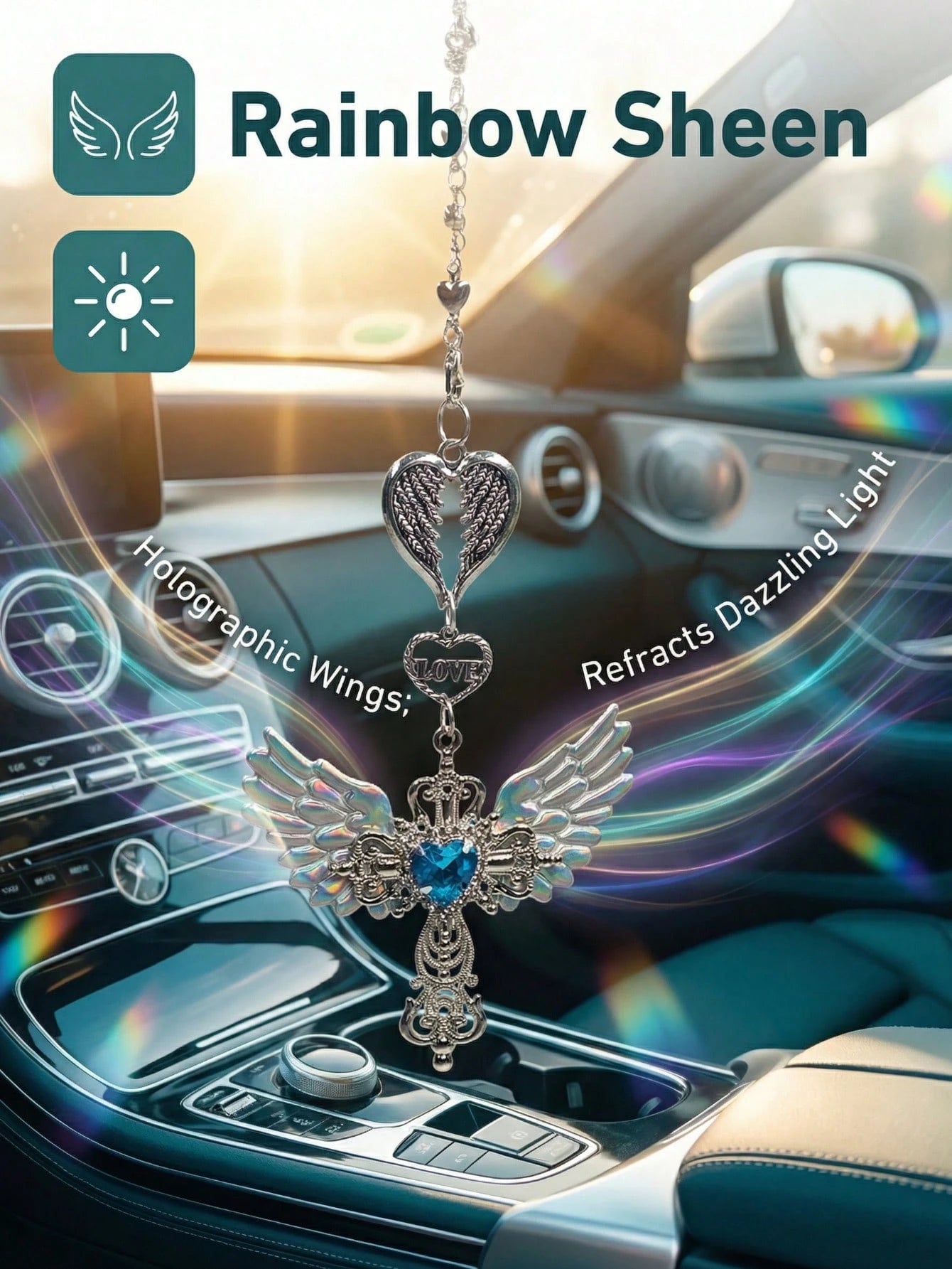 Guardian Angel Wing Cross Car Rear View Mirror Hanging Charm With Blue Crystal Heart & Love Decorative Pendant For Car Home Bag Bring Blessing & Protection On Every Drive Gift For Friends & Family