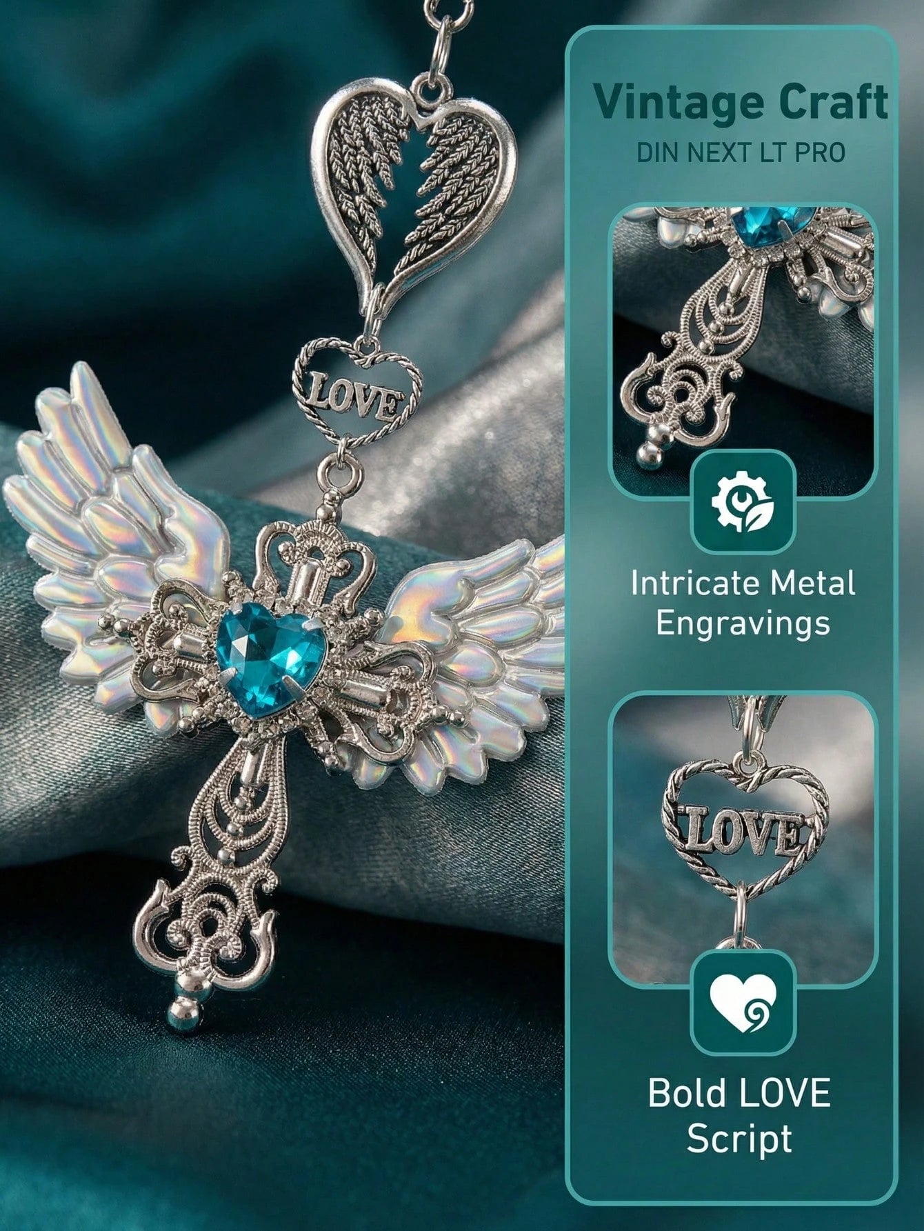 Guardian Angel Wing Cross Car Rear View Mirror Hanging Charm With Blue Crystal Heart & Love Decorative Pendant For Car Home Bag Bring Blessing & Protection On Every Drive Gift For Friends & Family