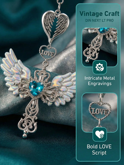 Guardian Angel Wing Cross Car Rear View Mirror Hanging Charm With Blue Crystal Heart & Love Decorative Pendant For Car Home Bag Bring Blessing & Protection On Every Drive Gift For Friends & Family