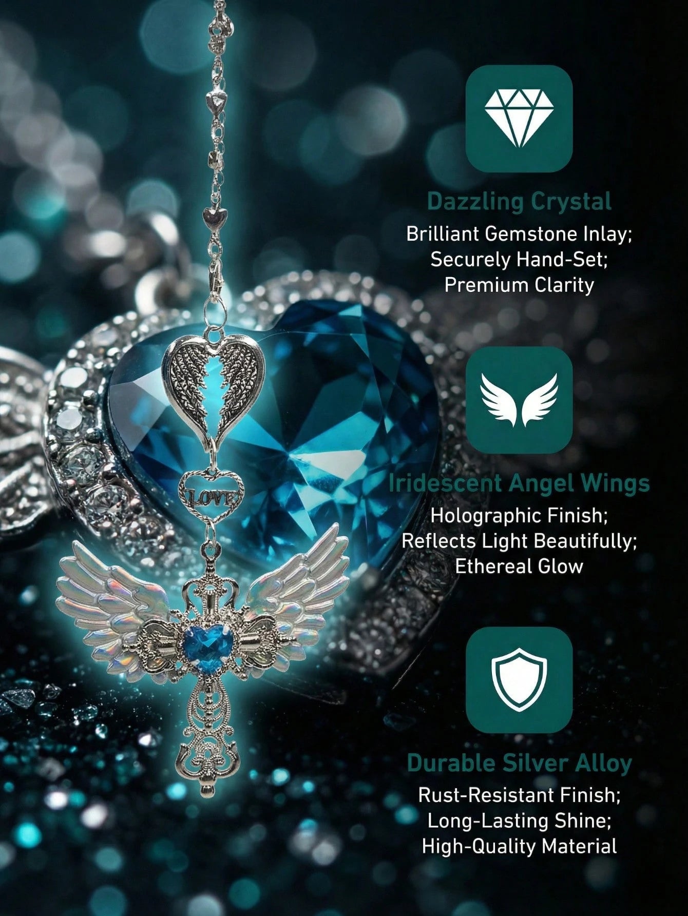 Guardian Angel Wing Cross Car Rear View Mirror Hanging Charm With Blue Crystal Heart & Love Decorative Pendant For Car Home Bag Bring Blessing & Protection On Every Drive Gift For Friends & Family