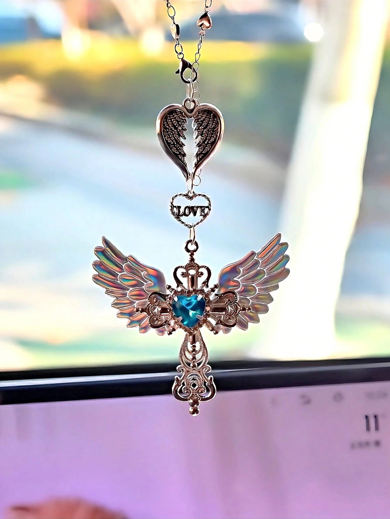 Guardian Angel Wing Cross Car Rear View Mirror Hanging Charm With Blue Crystal Heart & Love Decorative Pendant For Car Home Bag Bring Blessing & Protection On Every Drive Gift For Friends & Family