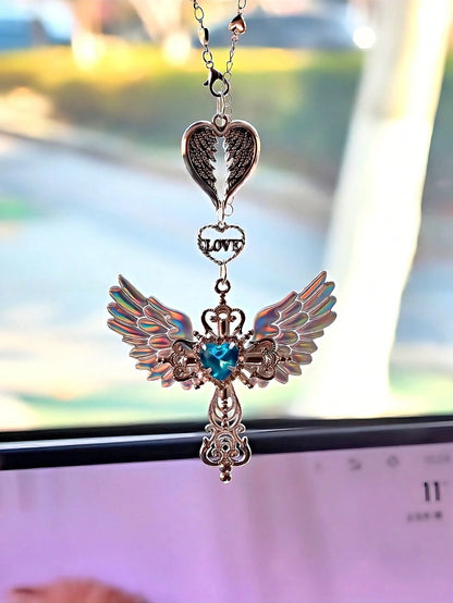 Guardian Angel Wing Cross Car Rear View Mirror Hanging Charm With Blue Crystal Heart & Love Decorative Pendant For Car Home Bag Bring Blessing & Protection On Every Drive Gift For Friends & Family