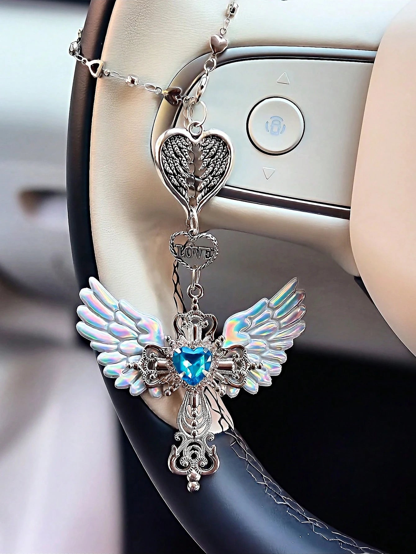 Guardian Angel Wing Cross Car Rear View Mirror Hanging Charm With Blue Crystal Heart & Love Decorative Pendant For Car Home Bag Bring Blessing & Protection On Every Drive Gift For Friends & Family