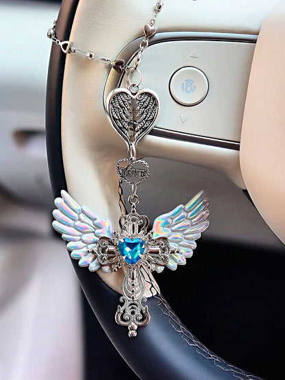 Guardian Angel Wing Cross Car Rear View Mirror Hanging Charm With Blue Crystal Heart & Love Decorative Pendant For Car Home Bag Bring Blessing & Protection On Every Drive Gift For Friends & Family