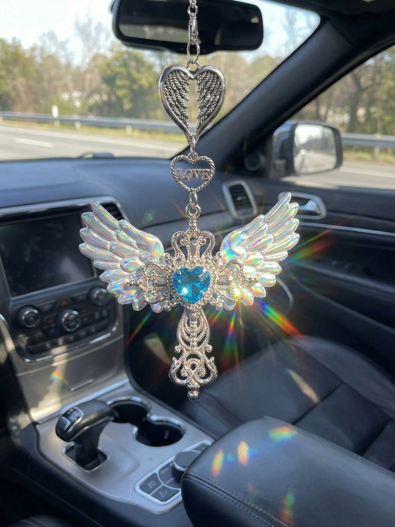 Guardian Angel Wing Cross Car Rear View Mirror Hanging Charm With Blue Crystal Heart & Love Decorative Pendant For Car Home Bag Bring Blessing & Protection On Every Drive Gift For Friends & Family