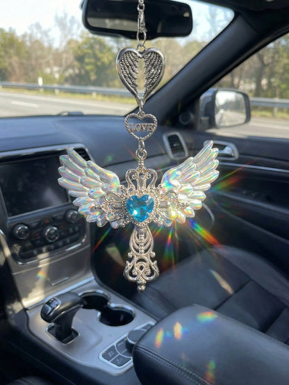 Guardian Angel Wing Cross Car Rear View Mirror Hanging Charm With Blue Crystal Heart & Love Decorative Pendant For Car Home Bag Bring Blessing & Protection On Every Drive Gift For Friends & Family