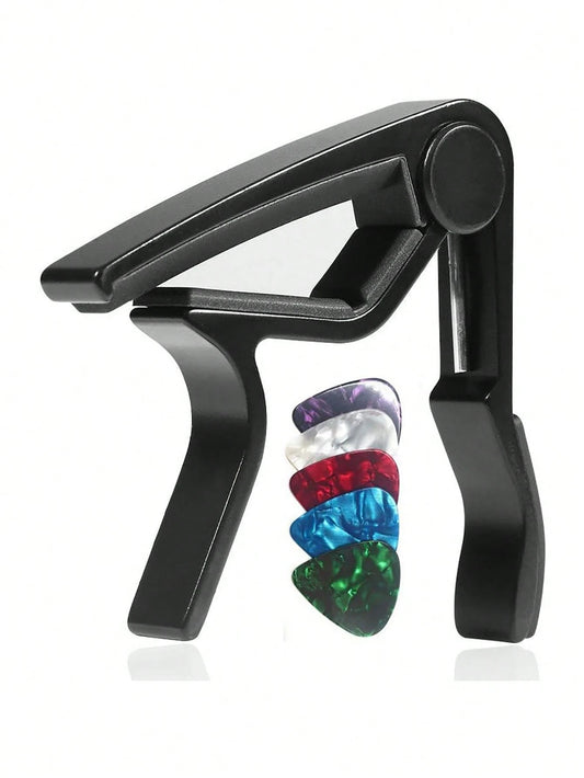 Guitar Capo For Acoustic & Electric Guitars- Professional Adjustable Spring-Loaded Clamp For Guitarists & Musicians- Perfect For Live Performances, Studio Recording & Practice- Includes Bonus 5-Pie