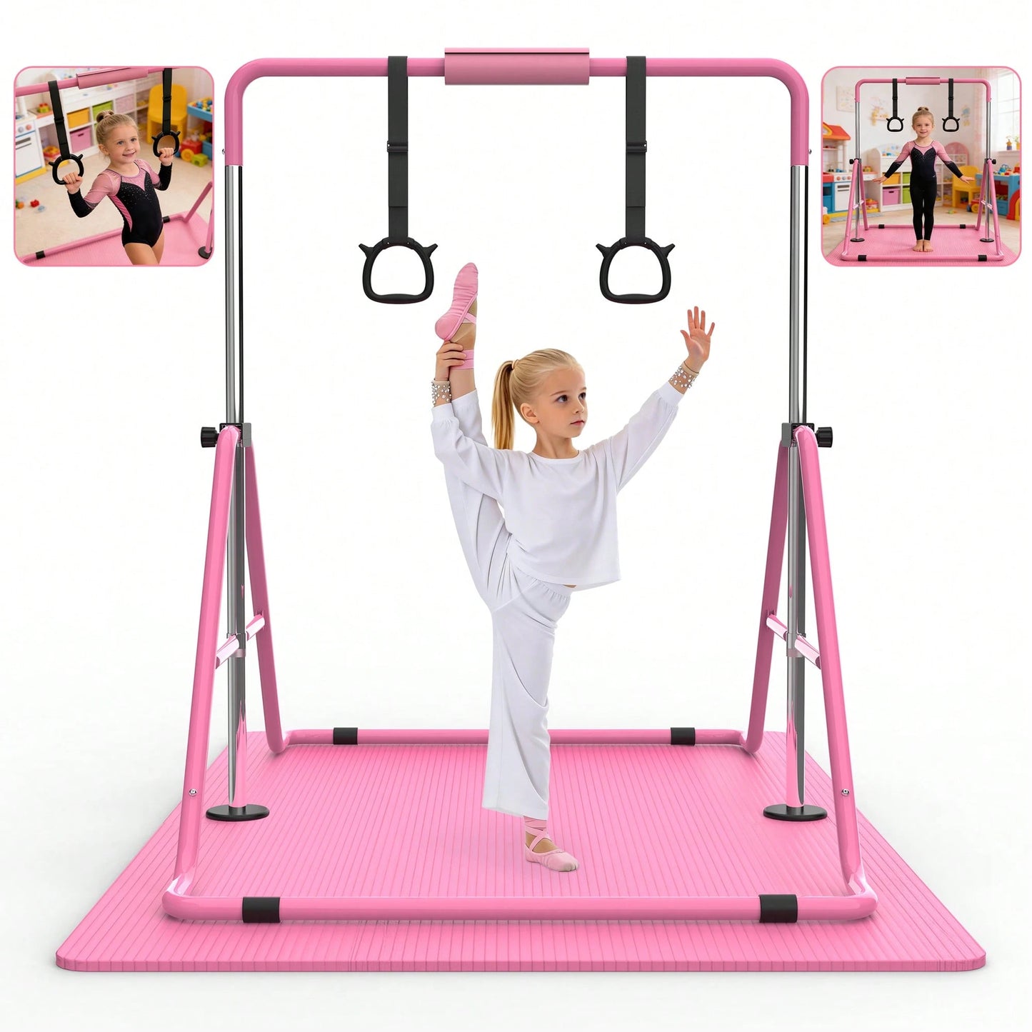 Gymnastics Bar For Kids, Gymnastics Horizontal Bar With Adjustable Height Foldable Training Bar With Mat For Home Practice