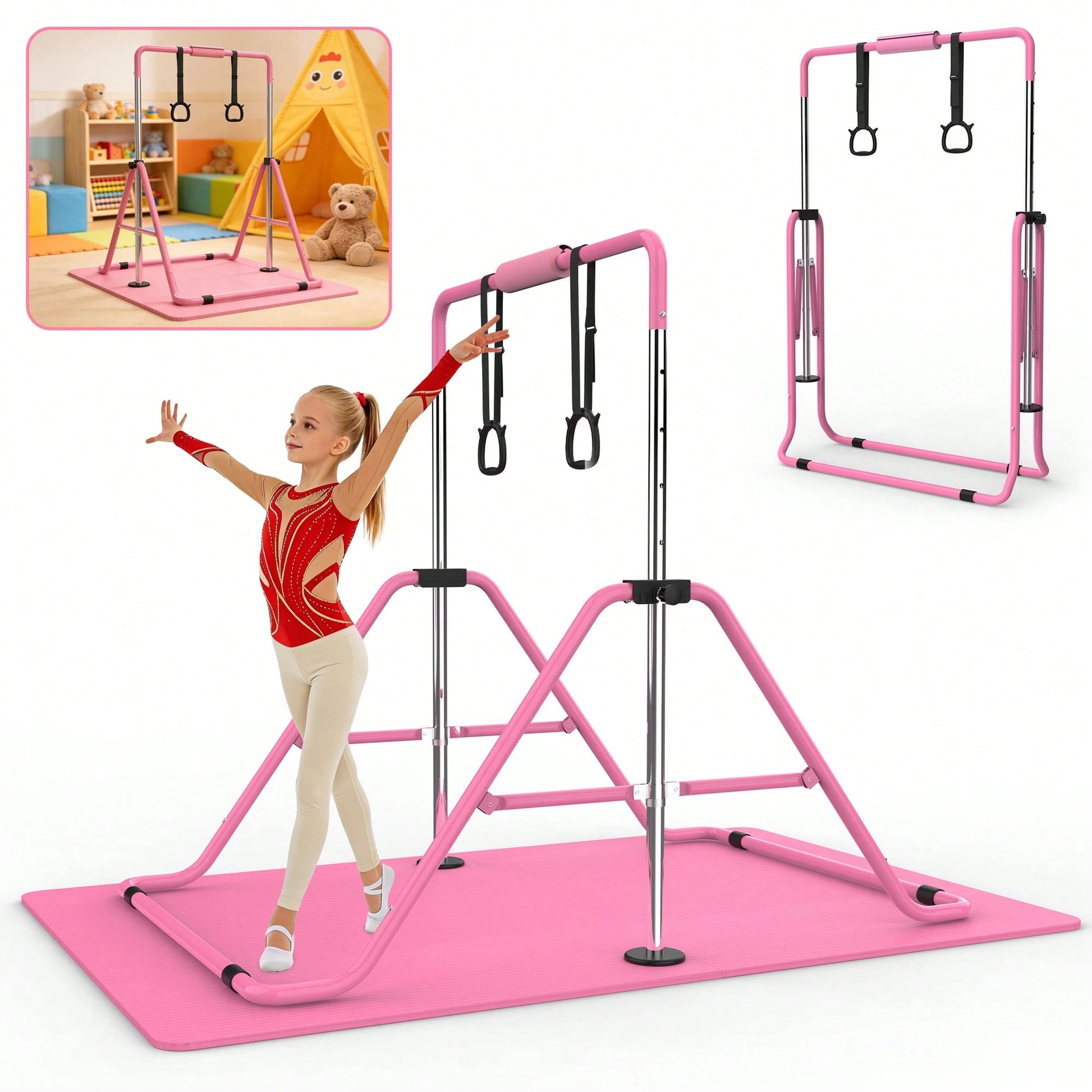 Gymnastics Bar For Kids, Gymnastics Horizontal Bar With Adjustable Height Foldable Training Bar With Mat For Home Practice