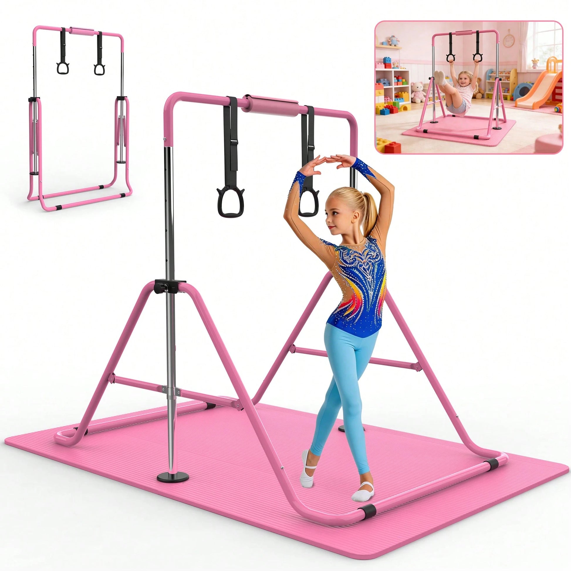 Gymnastics Bar For Kids, Gymnastics Horizontal Bar With Adjustable Height Foldable Training Bar With Mat For Home Practice