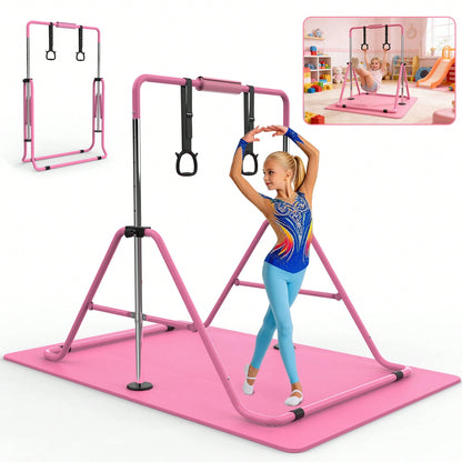 Gymnastics Bar For Kids, Gymnastics Horizontal Bar With Adjustable Height Foldable Training Bar With Mat For Home Practice