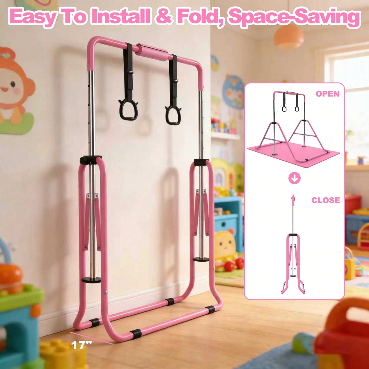 Gymnastics Bar For Kids, Gymnastics Horizontal Bar With Adjustable Height Foldable Training Bar With Mat For Home Practice