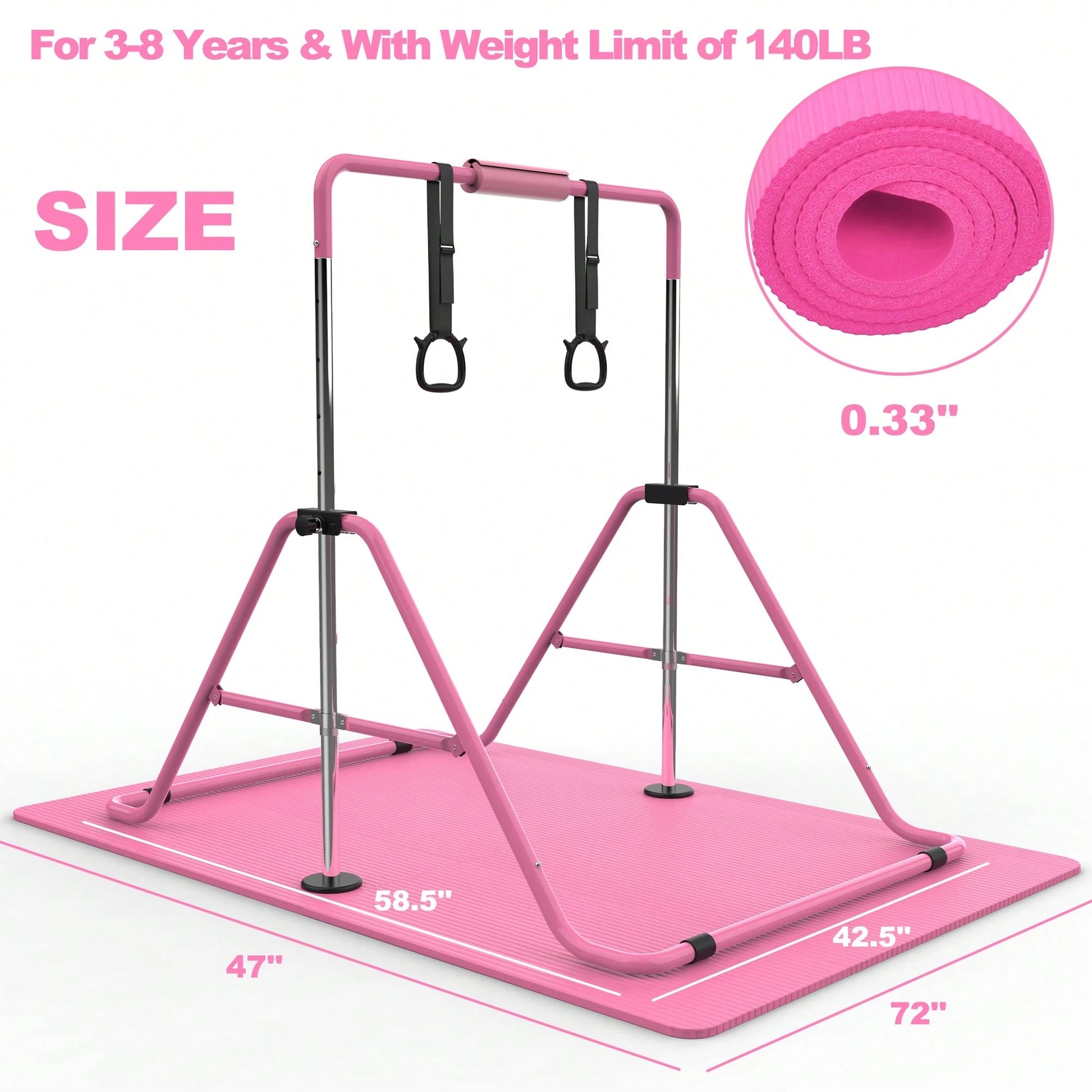 Gymnastics Bar For Kids, Gymnastics Horizontal Bar With Adjustable Height Foldable Training Bar With Mat For Home Practice