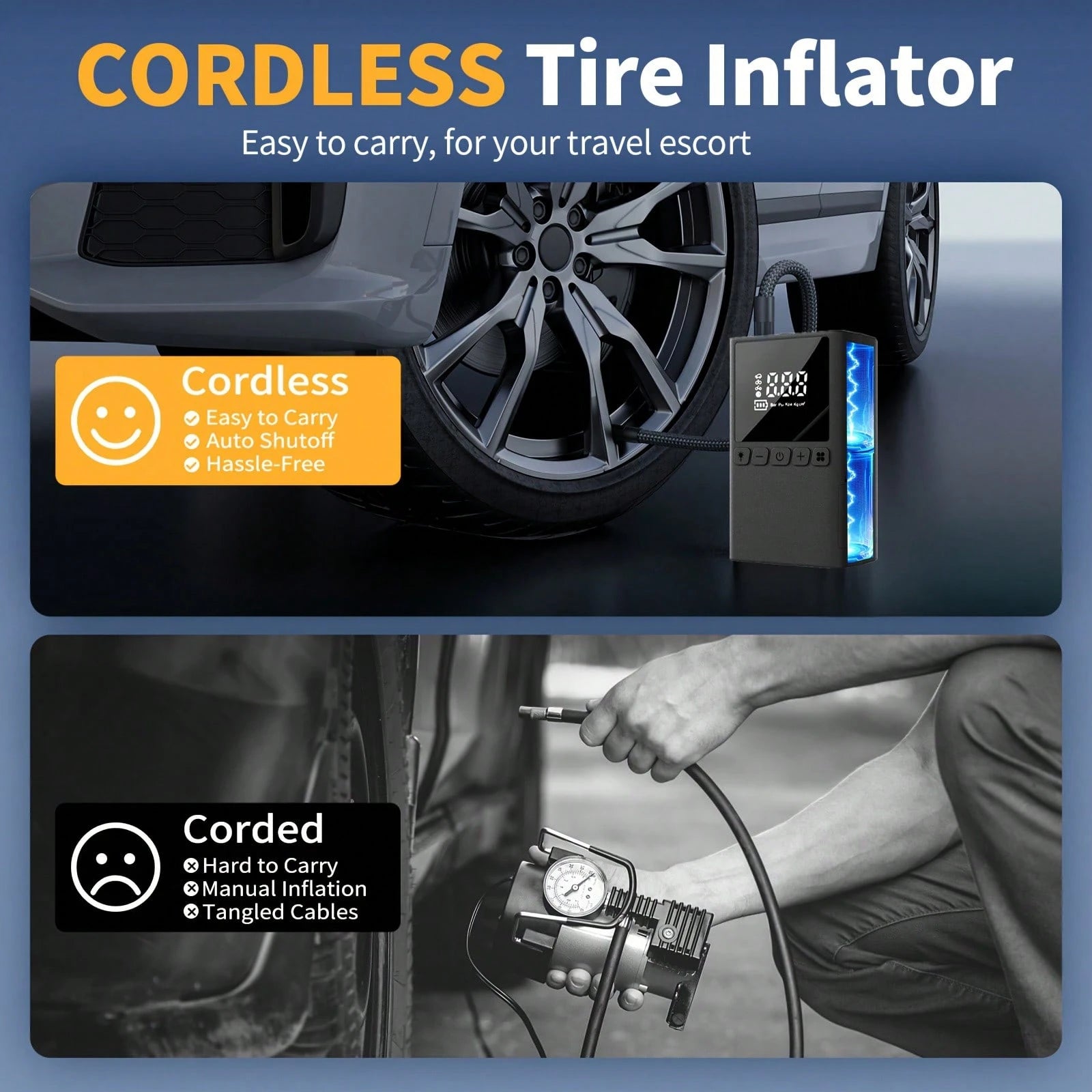 Handheld Wireless Inflation Pump, Digital Air Injector, Bicycle, Car, Motorcycle, Wireless Air Compressor (Digital Display), Equipped With Three Types Of Air Nozzles, With Digital Dual Values Display