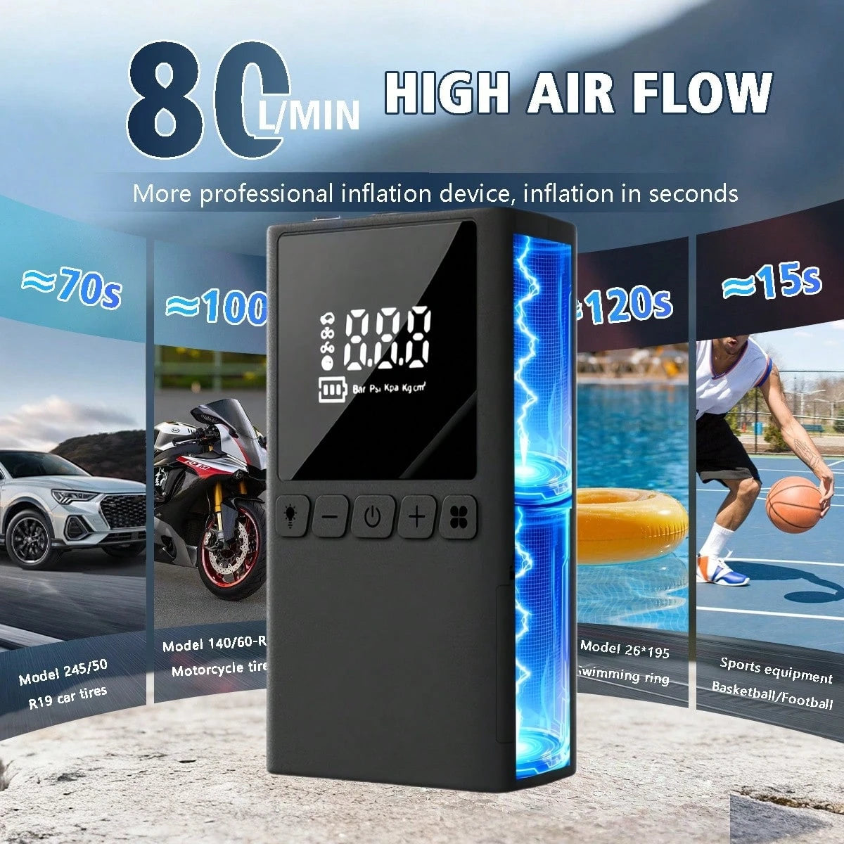 Handheld Wireless Inflation Pump, Digital Air Injector, Bicycle, Car, Motorcycle, Wireless Air Compressor (Digital Display), Equipped With Three Types Of Air Nozzles, With Digital Dual Values Display