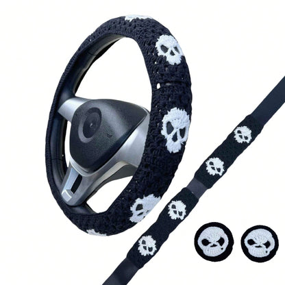 Handmade Crochet Skull Granny Square Car Steering Wheel Covers Universal 14-15 Inch For Women And Men