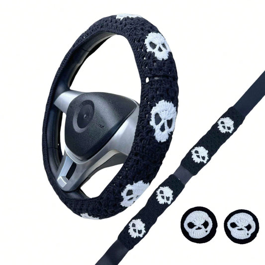 Handmade Crochet Skull Granny Square Car Steering Wheel Covers Universal 14-15 Inch For Women And Men