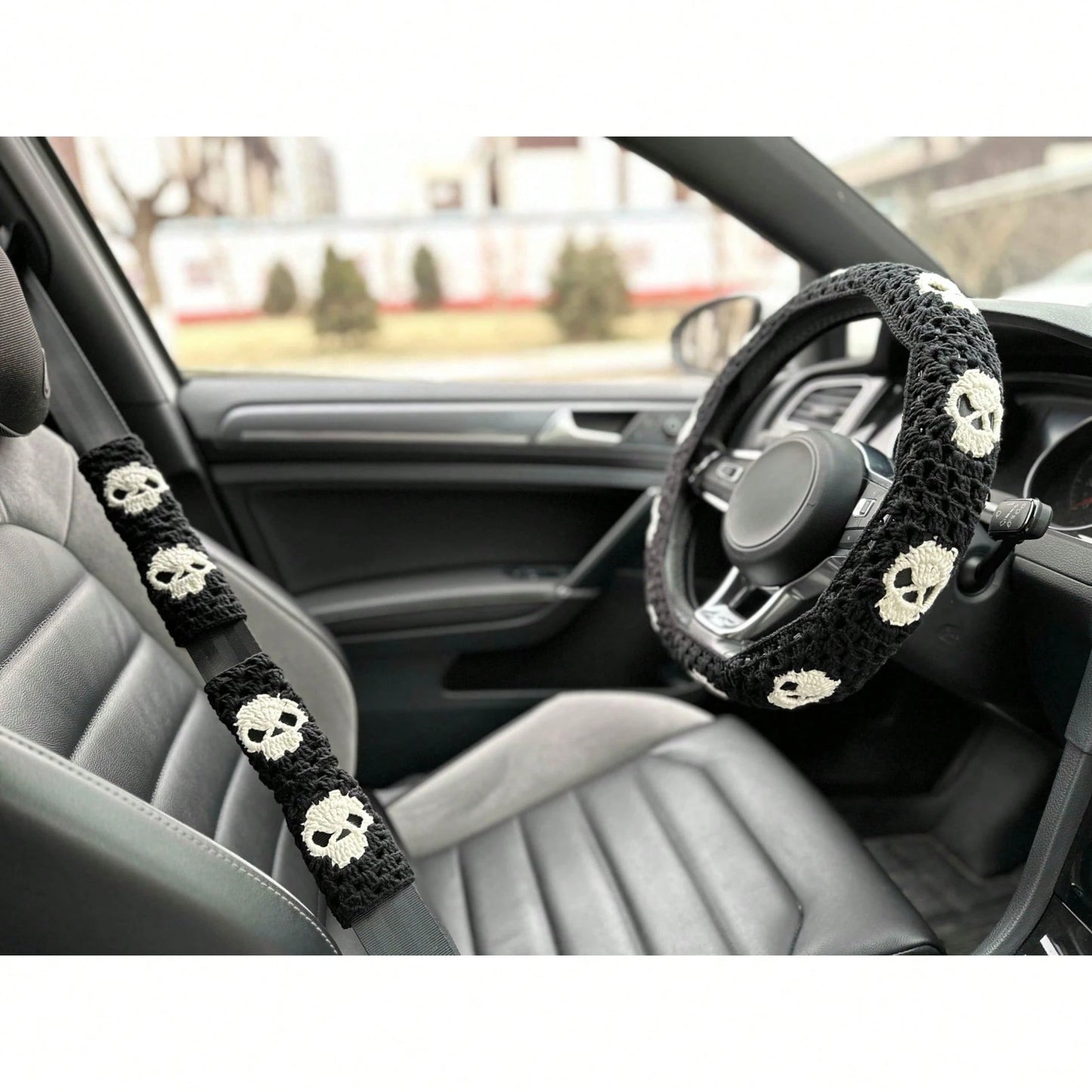 Handmade Crochet Skull Granny Square Car Steering Wheel Covers Universal 14-15 Inch For Women And Men
