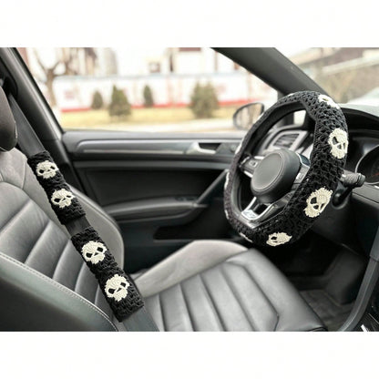 Handmade Crochet Skull Granny Square Car Steering Wheel Covers Universal 14-15 Inch For Women And Men