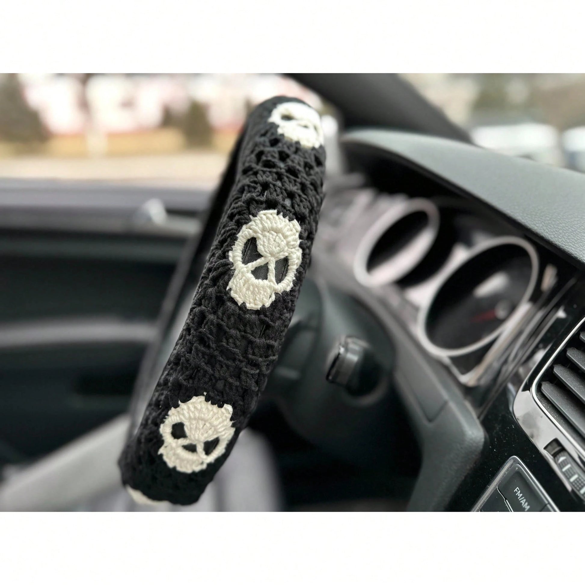 Handmade Crochet Skull Granny Square Car Steering Wheel Covers Universal 14-15 Inch For Women And Men