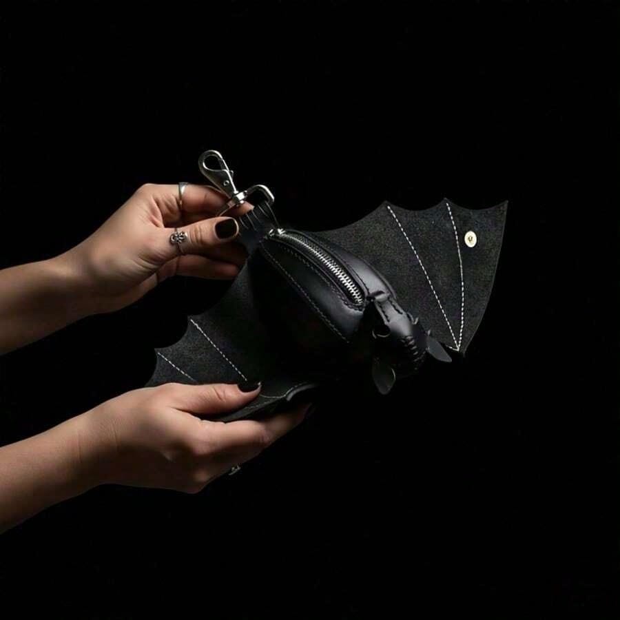Handmade Gothic Style Bat Wing Coin Purse- Hand-Sewn Bat Wallet With Zipper Coin Pouch And Keychain Suitable Bags And Belts- Fashion Accessory Men Money Wallet Wallet Purse Wallet Small Wallet Coin