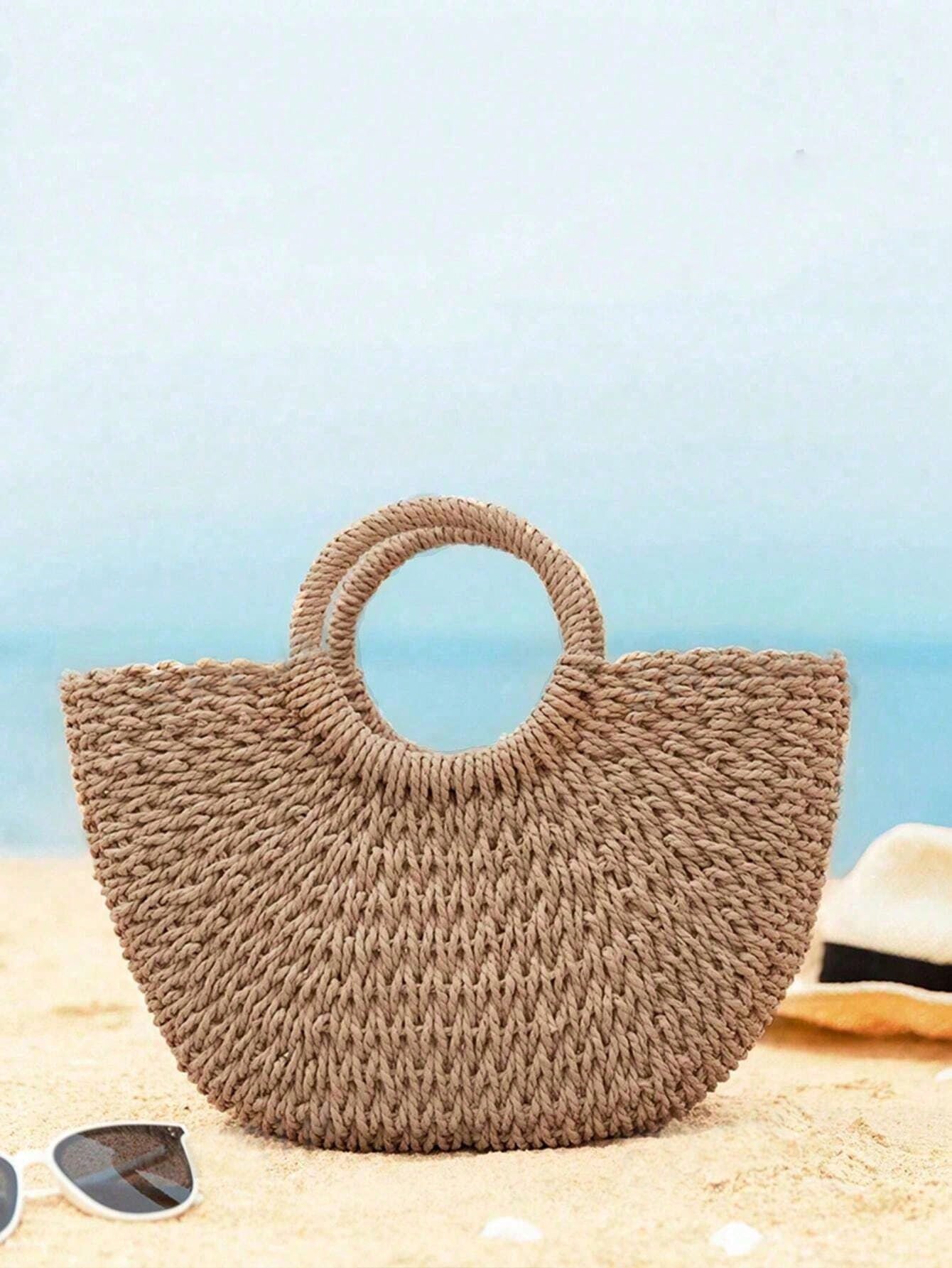 Handmade Woven Straw/Rattan Crescent-Shaped Beach Tote Bag, Large Capacity Women's Summer Hollow Crossbody Shoulder Bag, Summer Crescent-Shaped Straw Woven Bag