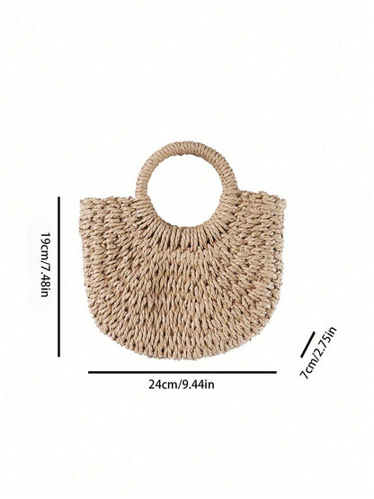 Handmade Woven Straw/Rattan Crescent-Shaped Beach Tote Bag, Large Capacity Women's Summer Hollow Crossbody Shoulder Bag, Summer Crescent-Shaped Straw Woven Bag